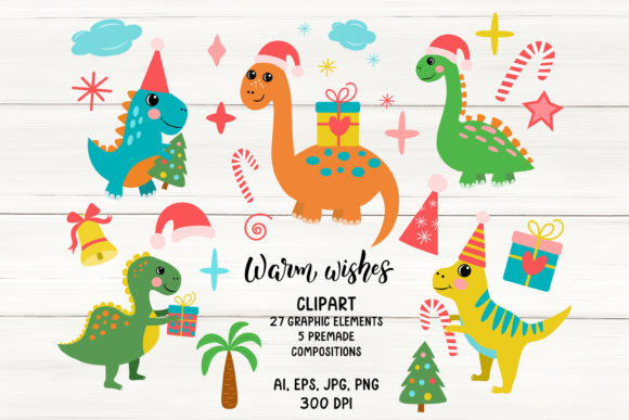 Christmas Dinosaur Clipart: Sublimation Illustrations