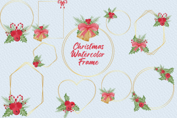 Christmas Watercolor Frame Golden: Premium Illustrations