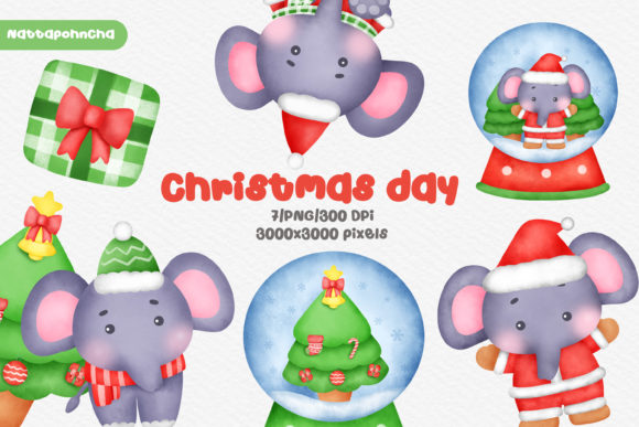 Watercolor Christmas Elephant Clipart & Illustrations